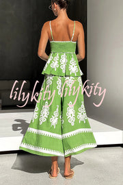 Unique Ethnic Print Suspender Pleated Top and Elastic Waist Loose Wide-leg Pants Set