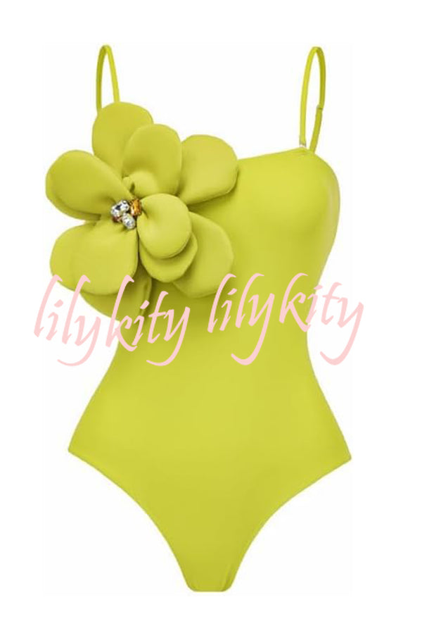 Solid Color Large Flower Decoration Sling Stretch One-piece Swimsuit