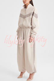 Fashionable Contrasting Long-sleeved Loose Coat and Elastic Waist Wide-leg Pants Set
