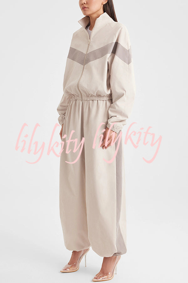 Fashionable Contrasting Long-sleeved Loose Coat and Elastic Waist Wide-leg Pants Set