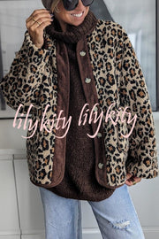 Warm Feel Colorblock Leopard Print Plush Button Up Pocketed Teddy Jacket