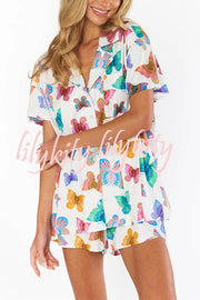 Summer Adventures Unique Print Pocket Loose Shirt and Elastic Waist Shorts PJ / Vacay Set