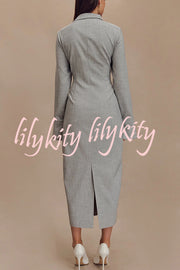 Elegant Energy Button Up Long Flare Sleeve Fitted Shirt Midi Dress