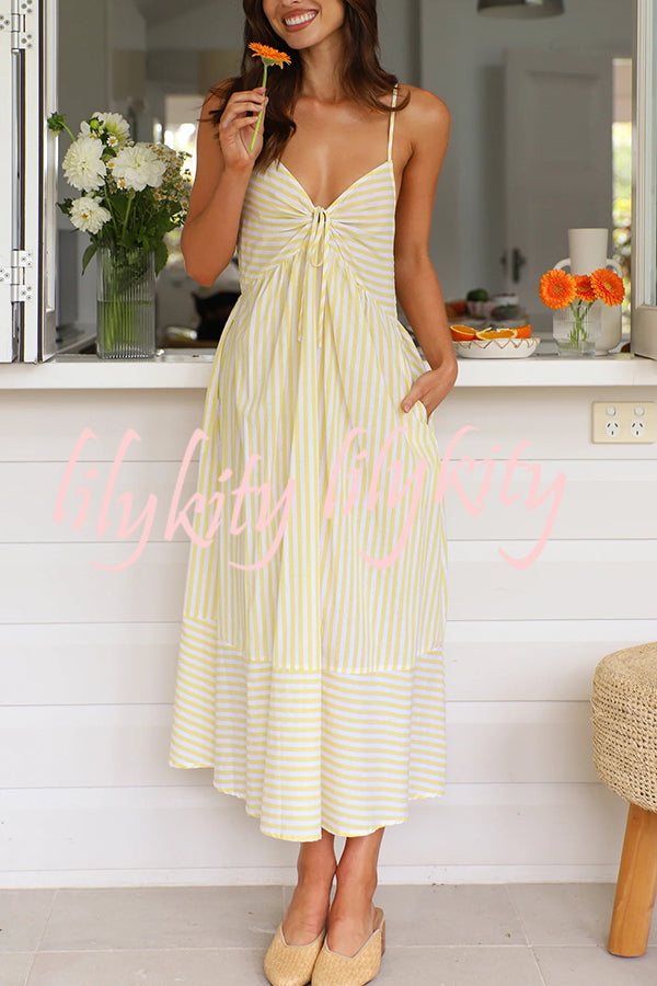 Striped Print Suspenders Gathered Lace-up Loose Midi Dress