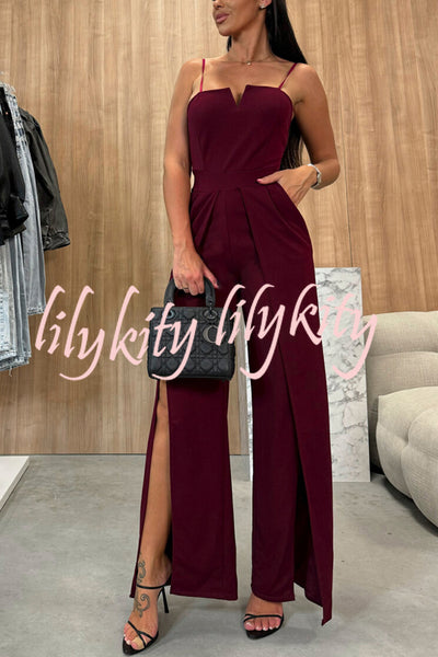 First Choice Pocketed Slit Wide Leg Formal Jumpsuit