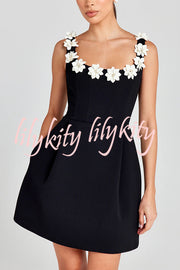 Cindy Faux Pearl Flower Applique Square Neck Pocketed Mini Dress