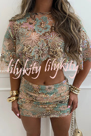 Fashionable Embroidered Flower Sequined Crop Top and Hip-hugging Mini Skirt Set
