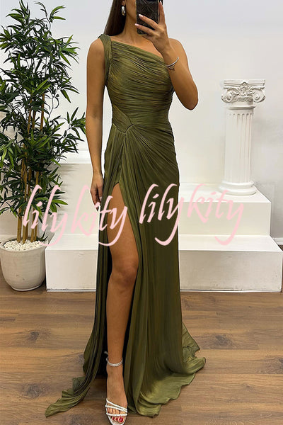 Fashion One-shoulder Pleated Ribbon Slim Slit Maxi Dress