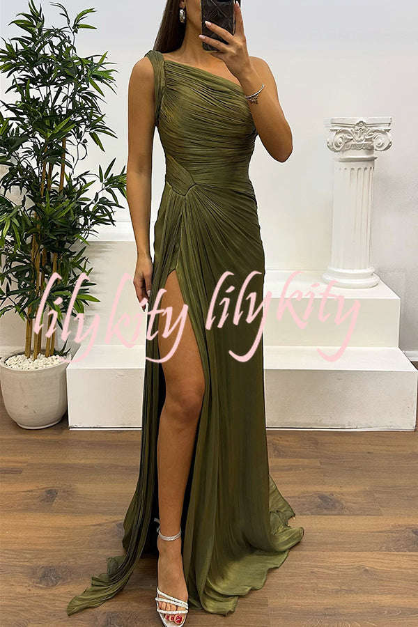 Fashion One-shoulder Pleated Ribbon Slim Slit Maxi Dress