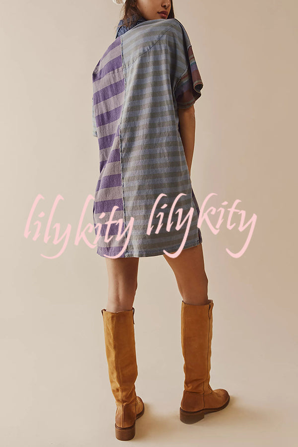 Contrast Striped Patchwork Denim Lapel Loose Casual Mini Dress