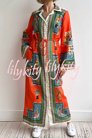 Linen Blend Unique Print Tie-waist Casual Maxi Dress