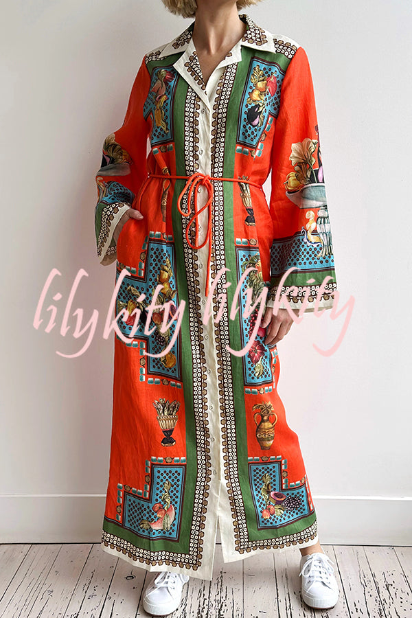 Linen Blend Unique Print Tie-waist Casual Maxi Dress