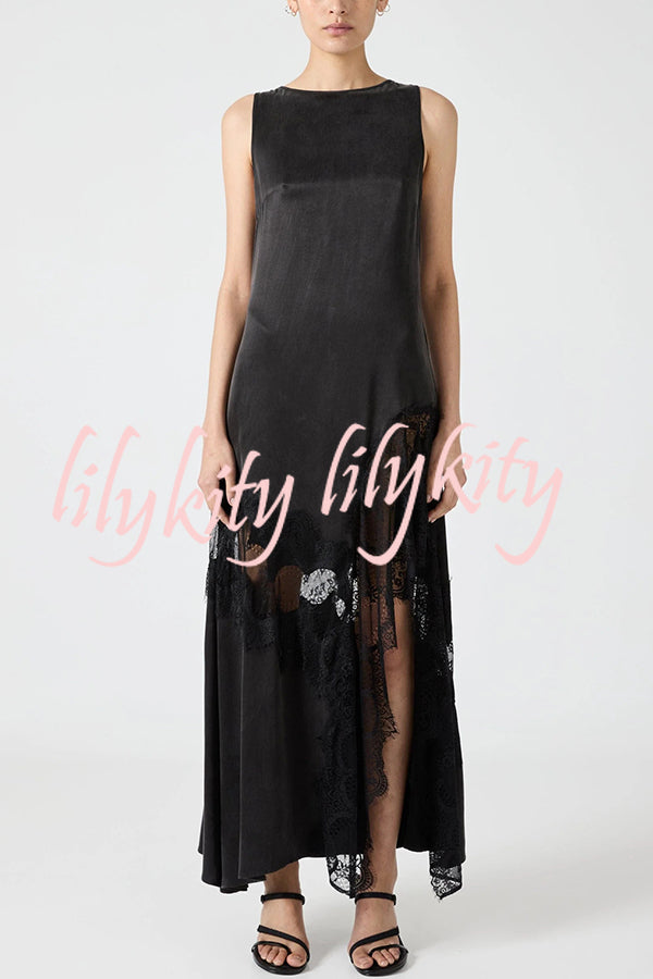 Pretty Soul Satin Lace Trim Wide Neck Irregular Hem Slit Maxi Dress