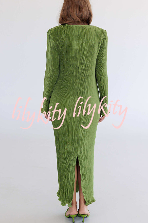 Hansin Satin Pleated Fabric Long Sleeve Wavy Trim H-line Slit Midi Dress