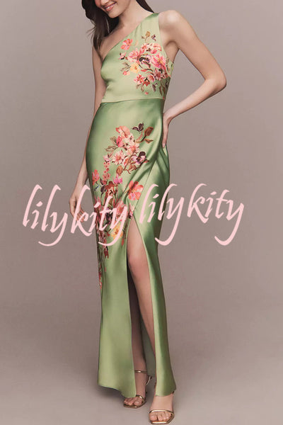 Wedding  Guest Satin Floral Print One Shoulder Side Slit Maxi Dress