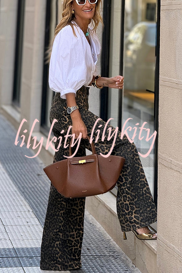 Wild Feel Denim Leopard Print High Rise Wide Leg Pocketed Jeans