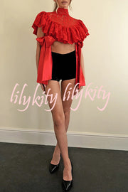 Clarissa Lace High Neck Side Tie-up Cascading Ruffles Cropped Cape Top