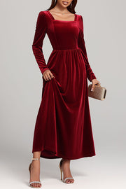 Solid Color Velvet Square Neck Long Sleeve Elegant Maxi Dress
