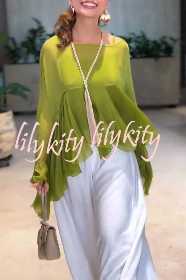 Romantic Journey Chiffon Ruffle Batwing Sleeve Top and Elastic Waist Pocket Loose Pants Set