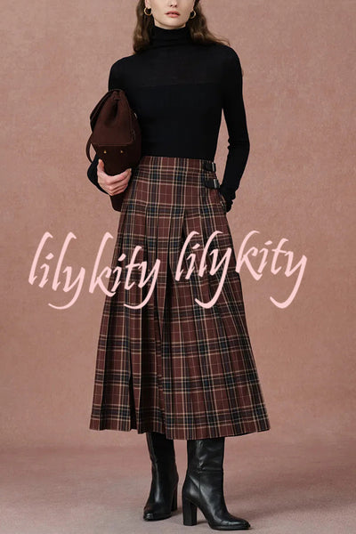 Yehudit Plaid Belt Buckle Design High Rise Pocket Midi Umbrella Skirt