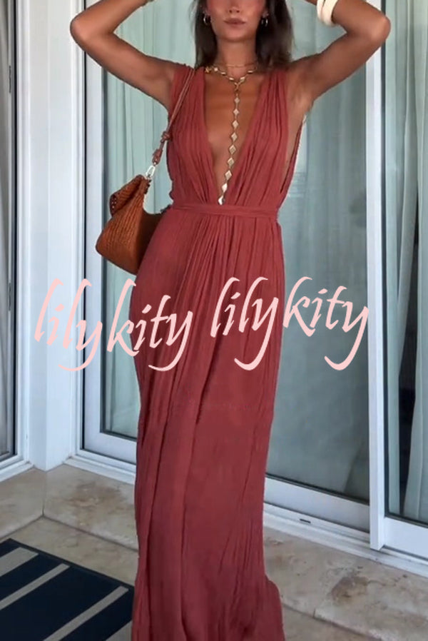Resort Style V-neck Tie Pleated Casual Jumpsuit