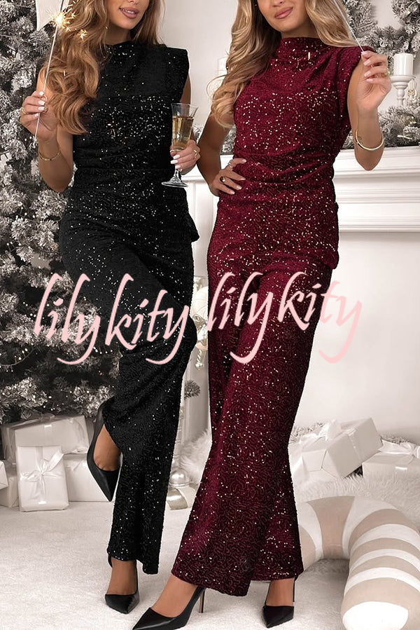 Stylish Sparkly Velvet Sequin Sleeveless Pleated Top and Casual Wide-leg Pants Set