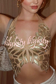 Timeless Beauty Gold Metallic Butterfly Back Lace-up Halter Tank