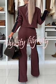 Fashion Lace Panel Long-sleeved Crop Top and Elastic Waist Tie Pocket Casual Pants Set