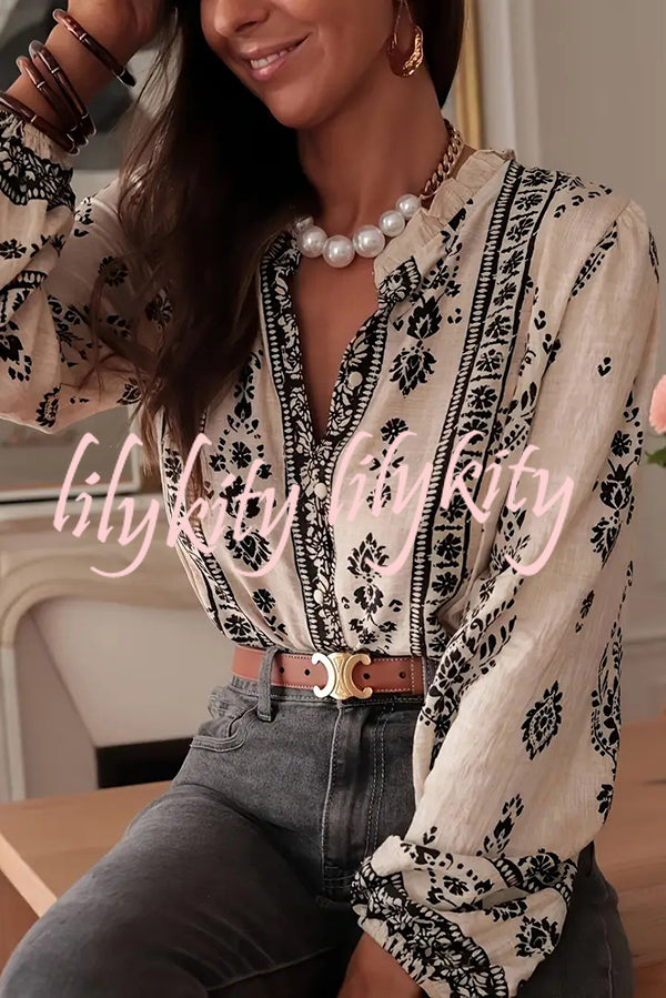 Unique Print Long-Sleeved Button-Up Elegant Shirt
