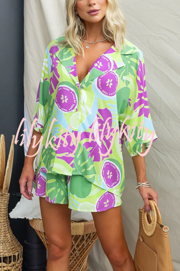 Viva La Travel Unique Print Loose Button Shirt and Elastic Waist Shorts Set