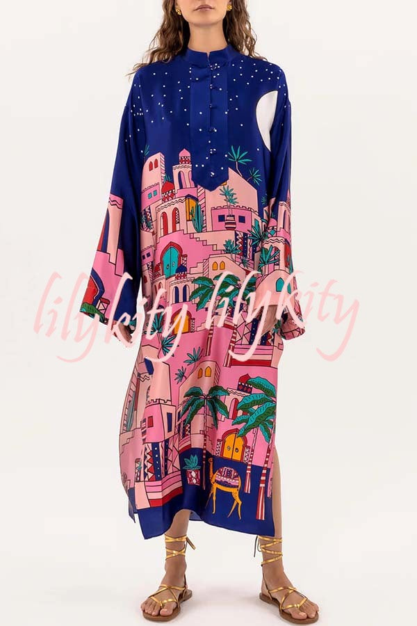 Seaside Stroll Satin Unique Print Button Up Long Sleeve Slit Kaftan Midi Dress