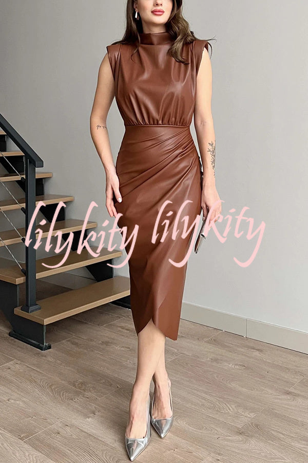 Elouise Faux Leather Turtleneck Shoulder Pads Ruched Slit Midi Dress