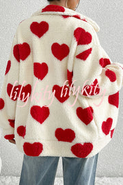 Fashion Plush Heart Print Loose Pocket Long Sleeve Zipper Jacket