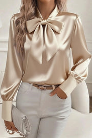 Satin Solid Color Casual Bow Long Sleeve Shirt