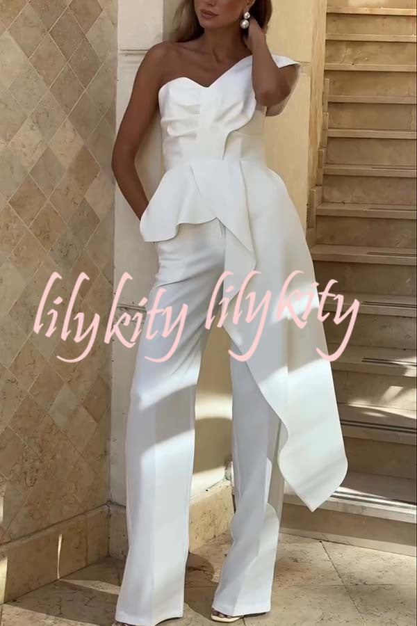 Amena One Shoulder Sweetheart Neck Ruffle Hem Top and Elastic Waist Pocket Wide Leg Pants Set