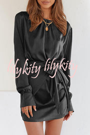 Satin Round Neck Long Sleeve Elastic Tie Mini Dress