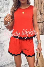 Casual Wavy Edge Buttoned Elastic Waist Shorts Set