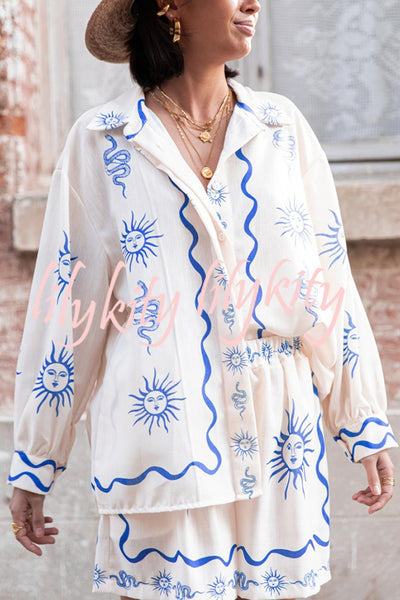 Symbol of Sicily Linen Blend Unique Print Balloon Sleeve Button Loose Shirt