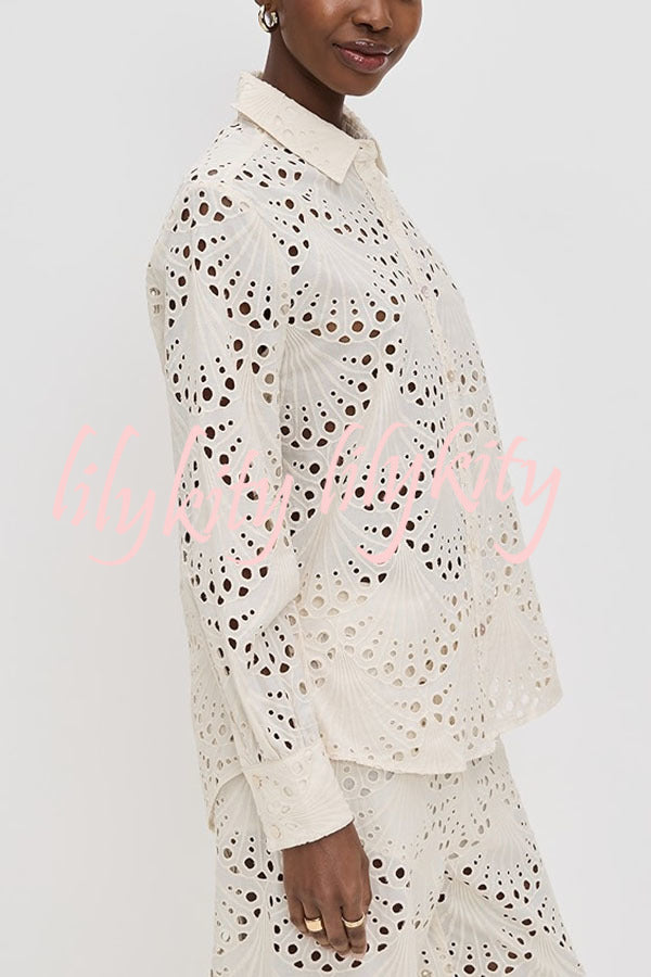 Lillah Embroidered Lace Shell Pattern Long Sleeve Loose Blouse