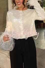 Cocktails First Sequin Button Up Long Sleeve Feather Cuff Party Top