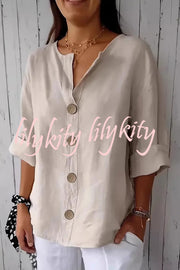 Solid Color V-neck Loose Button Top