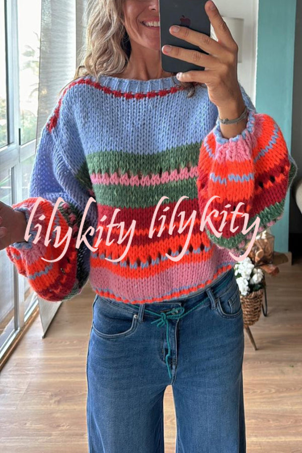 Rainbow Mood Multicolor Round Neck Hollow Long Sleeve Knitted Sweater