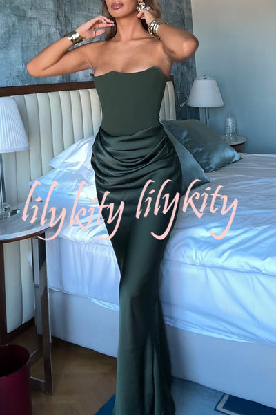 Attend The Gala Strapless Corset Satin Ruched Hip Drape Maxi Dress