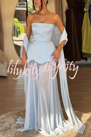 Jiya Satin Petal Hem Pearl Detail Chiffon Cape Strapless Maxi Dress