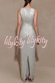Holiday Nights Sequin Boat Neck Sleeveless Slit Maxi Dress