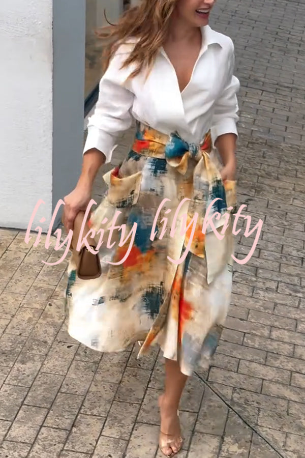 Jiles Linen Blend Unique Contrast Print Long Sleeve Tie-up Pocket Shirt Midi Dress