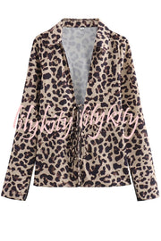 Edith Leopard Print Front Lace-up Long Sleeve Loose Blouse