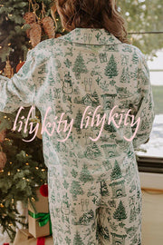 Christmas Night Satin Loose Shirt and Elastic Waist Pocketed Pajama Set