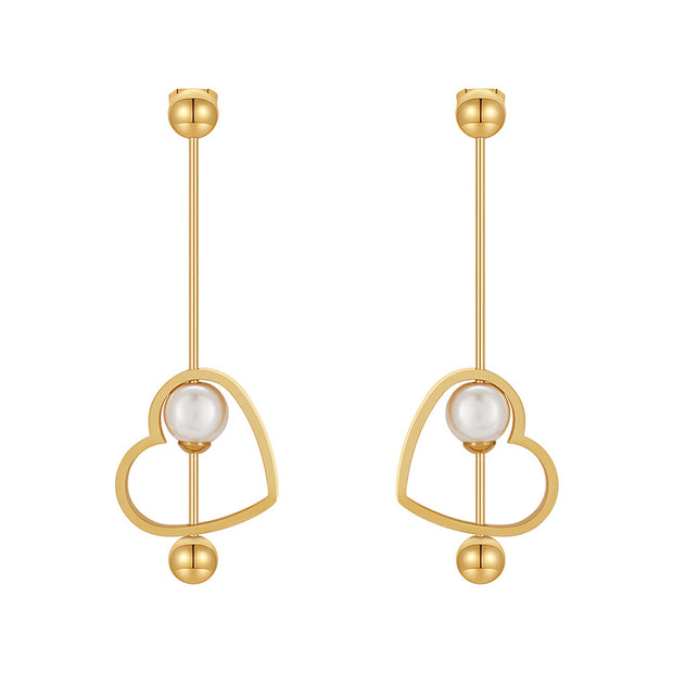 18K Gold Titanium Steel Heart-shaped Peach Heart Pearl Earrings