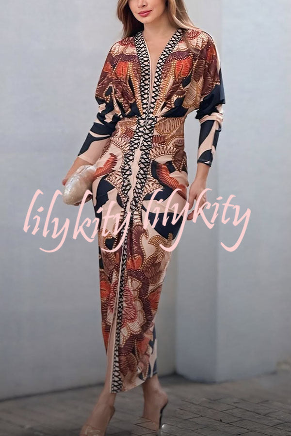 Verra Unique Print Dolman Long Sleeve Ruched Slit Midi Dress